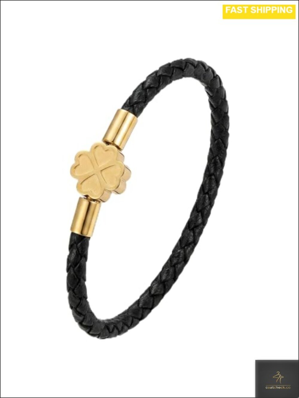 Lucky Clover Braided Genuine Leather Bracelet 18K Gold Plated